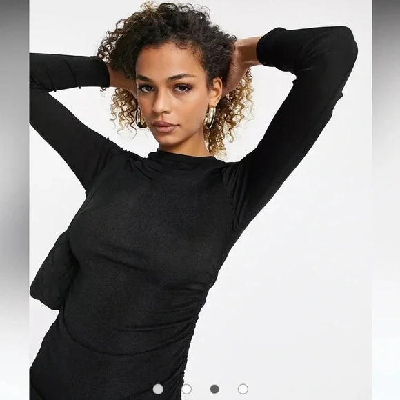 Lioness Black Stretchy Ruched Side Long Sleeve Black Dress Medium - Picture 4 of 10